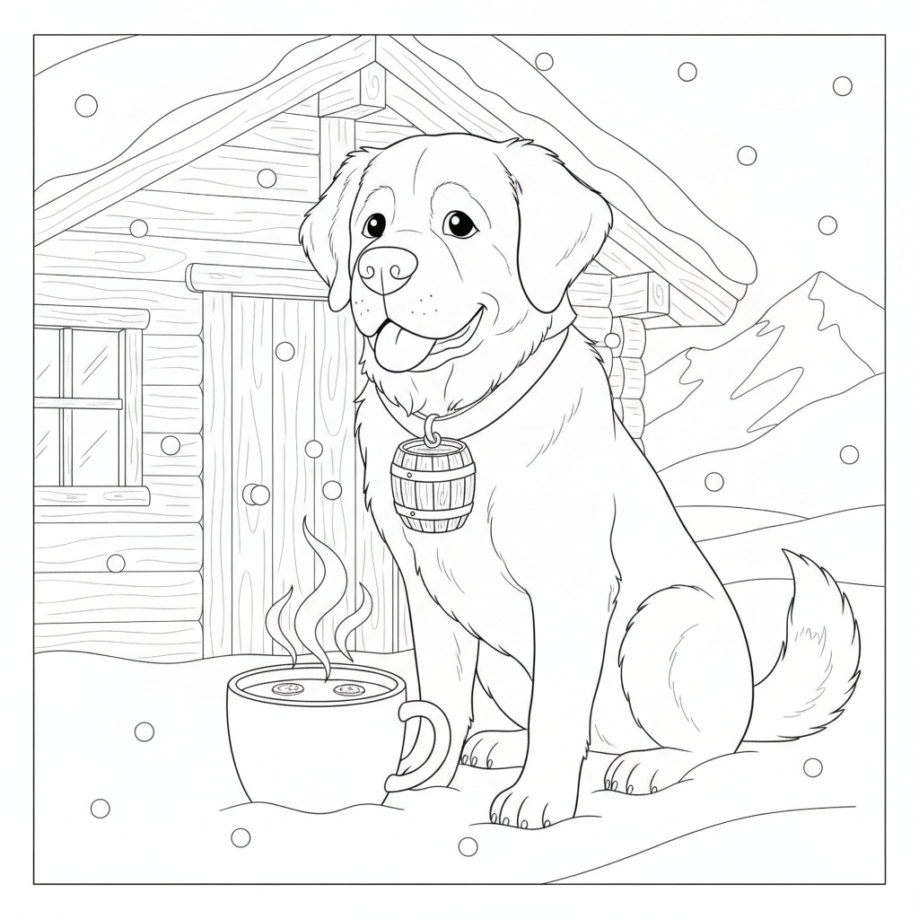 Cheerful Saint Bernard by a Cozy Cabin — Free Coloring Page for Kids