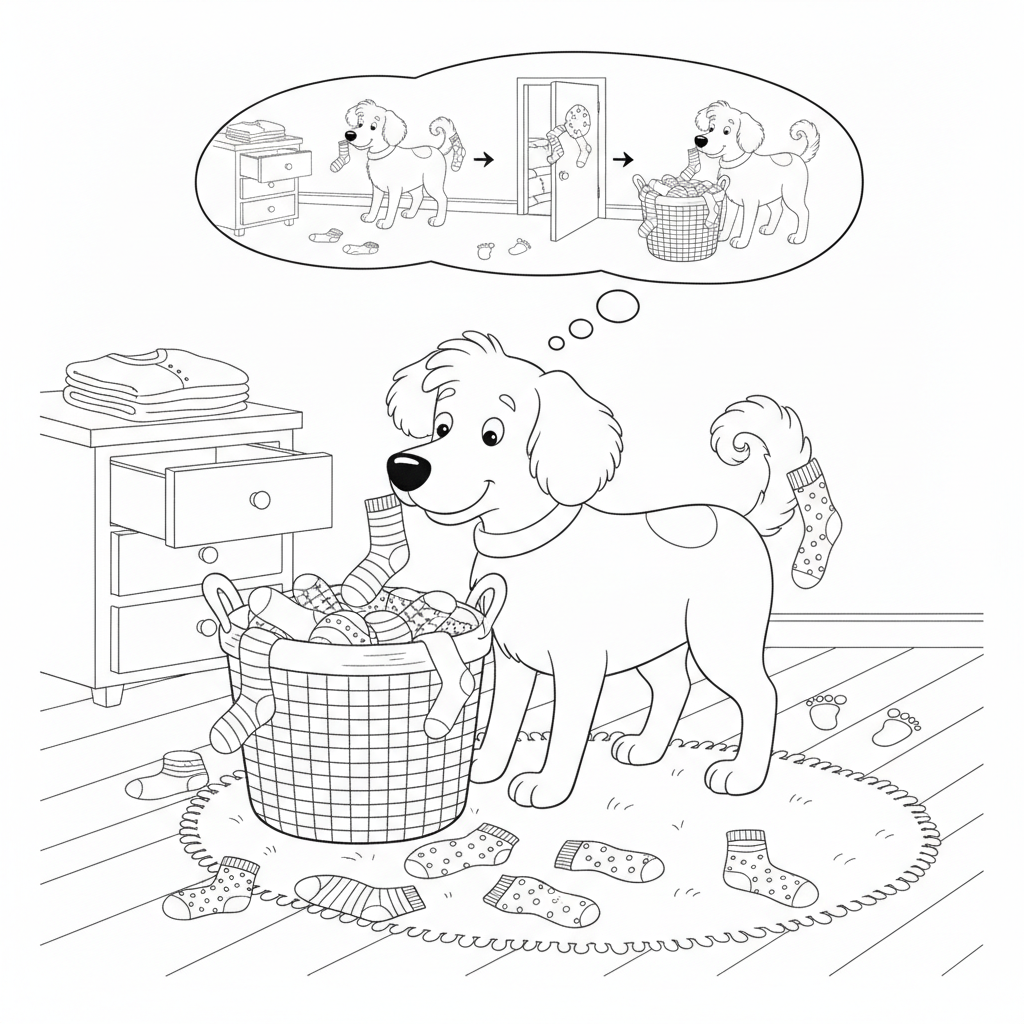 Un chiot joyeux tirant des chaussettes colorées — Coloriage Chiens — Gratuit à Imprimer