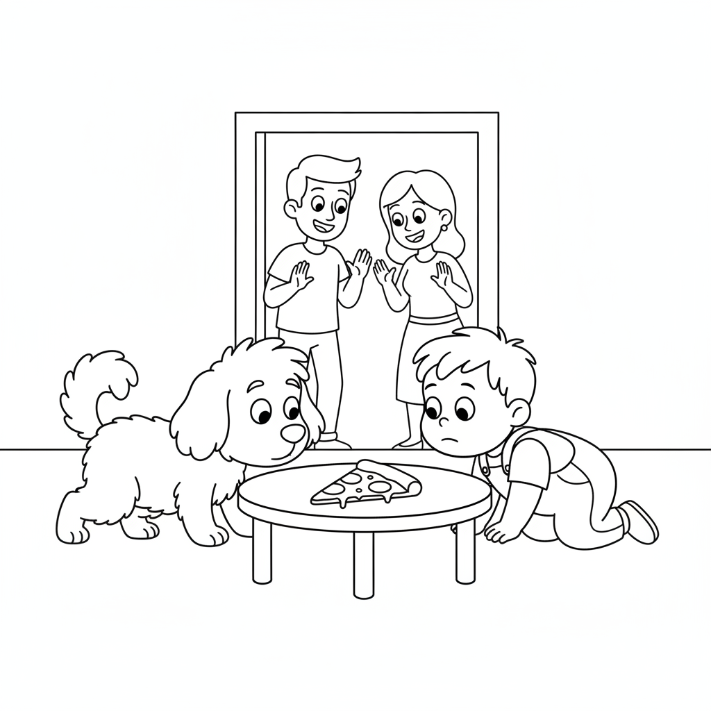 A Boy and Puppy Enjoying Pizza — Free Coloring Page for Kids