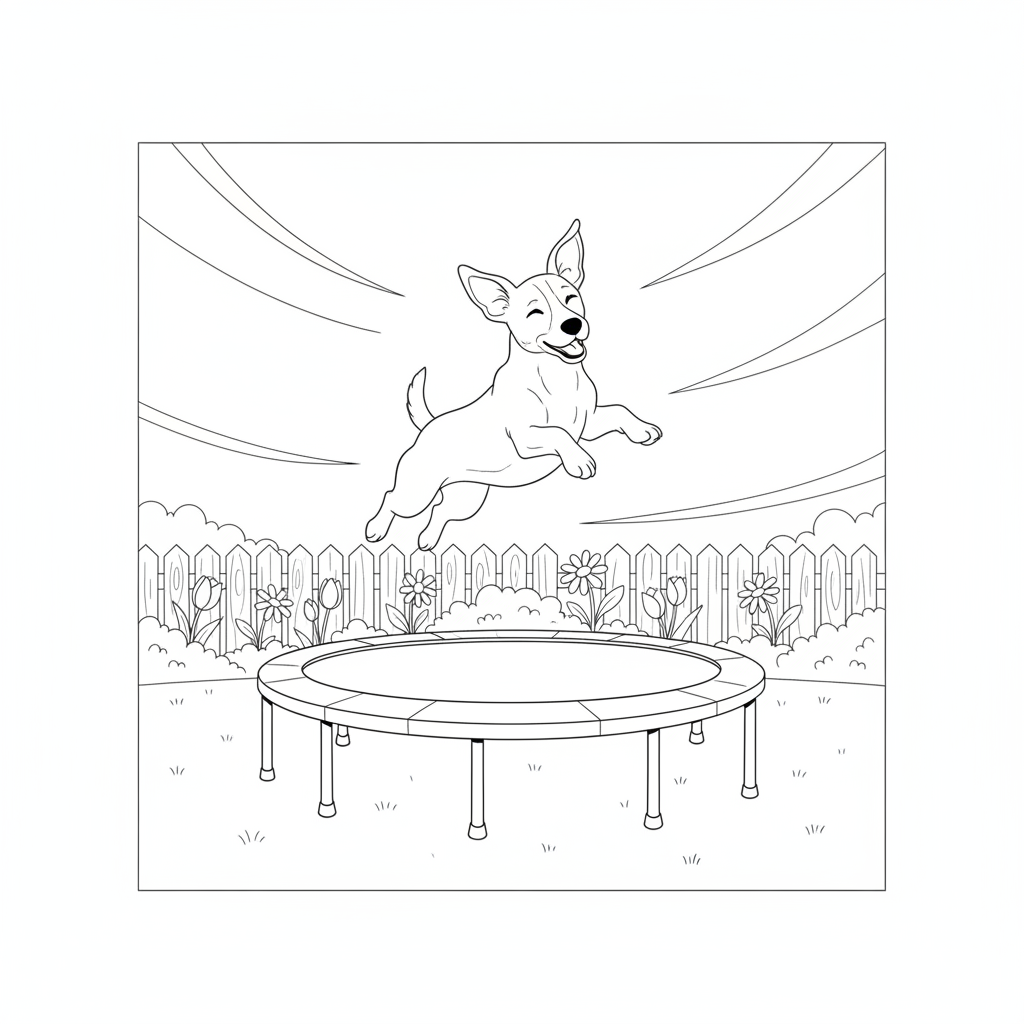 Perro Saltando en un Trampolín — Dibujos de Perros para Colorear — Gratis para Imprimir