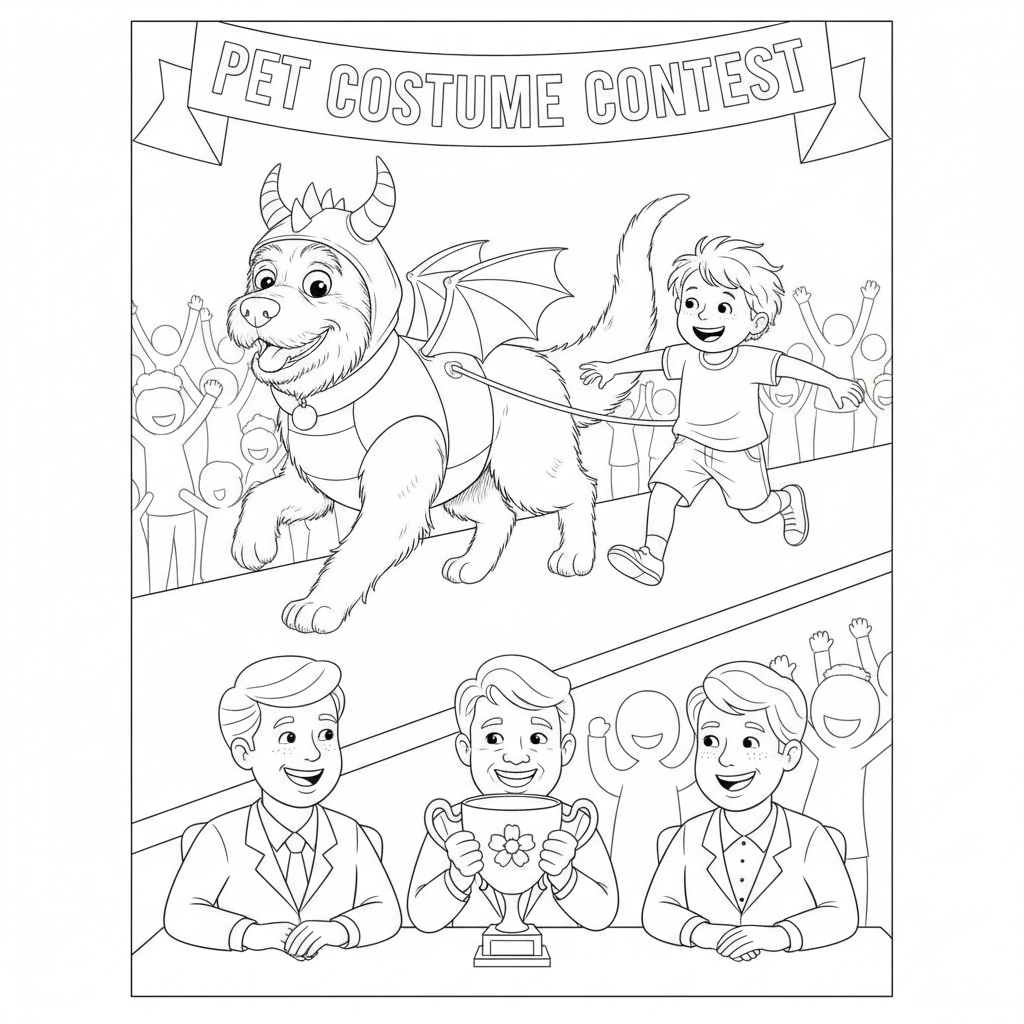 Enfant Excité Avec un Chien en Costume de Dragon — Coloriage Chien — Gratuit à Imprimer