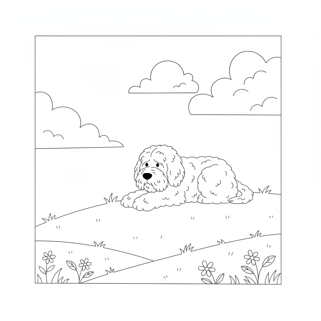 Fluffy White Dog on a Green Hill — Free Coloring Page for Kids