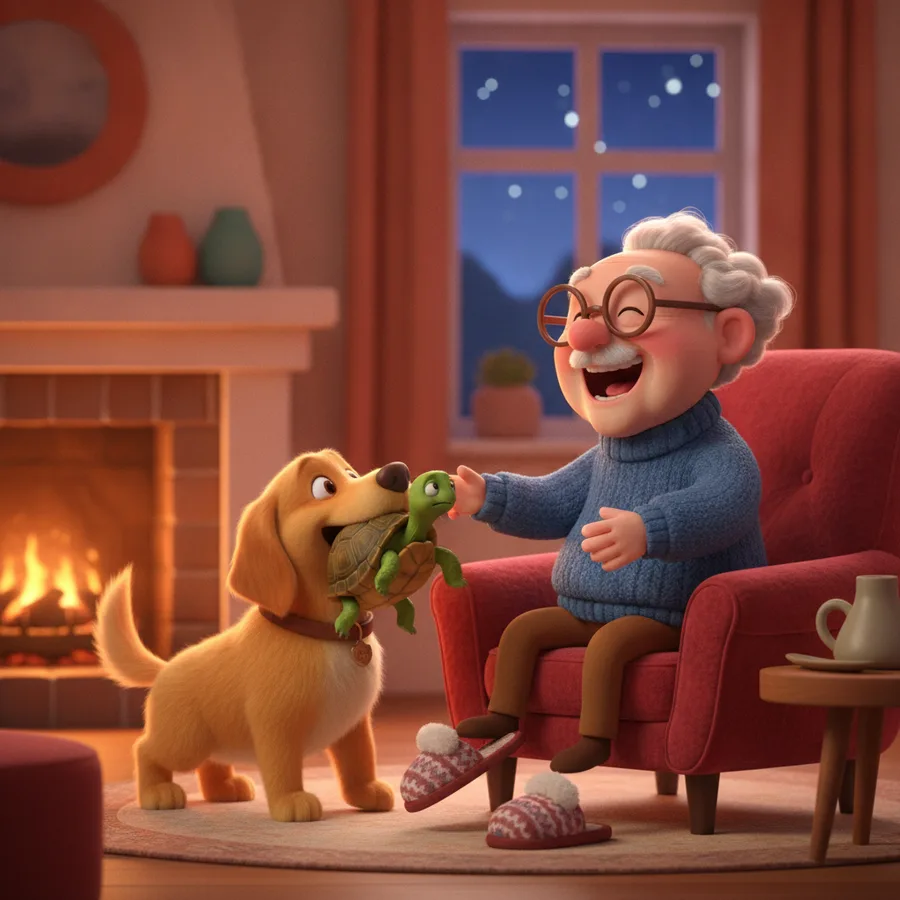 Color this cheerful picture of a grandpa and his golden retriever puppy by the fireplace. The puppy is easy to color with its fluffy fur, while the grandpa's armchair adds a fun challenge.