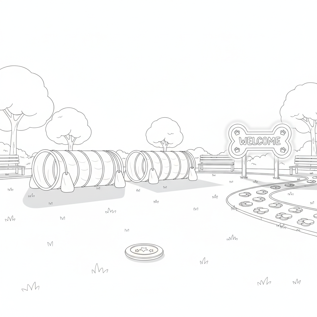Vibrant Dog Park with Tunnels — Free Coloring Page for Kids coloring page