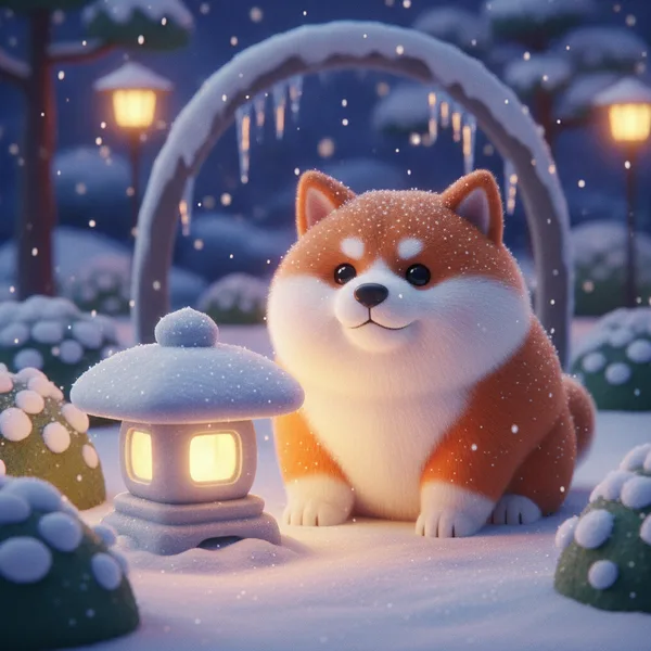 Fluffy Shiba Inu in Snow — Free Coloring Page for Kids