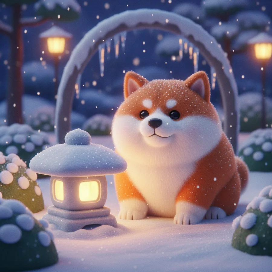 This coloring page features a fluffy Shiba Inu in a serene winter setting. The large areas of snow make it easy to color, while the intricate lantern adds a fun challenge.