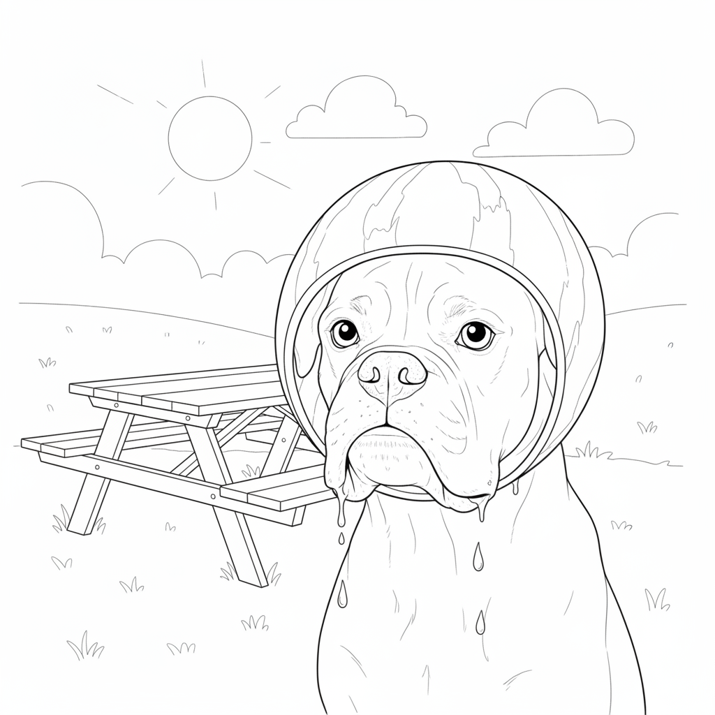 Sonniger Picknick mit einem Boxerhund und einem Wassermelonenhelm — Hund Ausmalbild — Kostenlos Ausdrucken