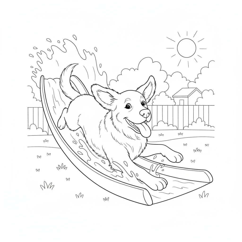 Chiot Golden Retriever Glissant sur un Toboggan — Coloriage Chiens Gratuit à Imprimer