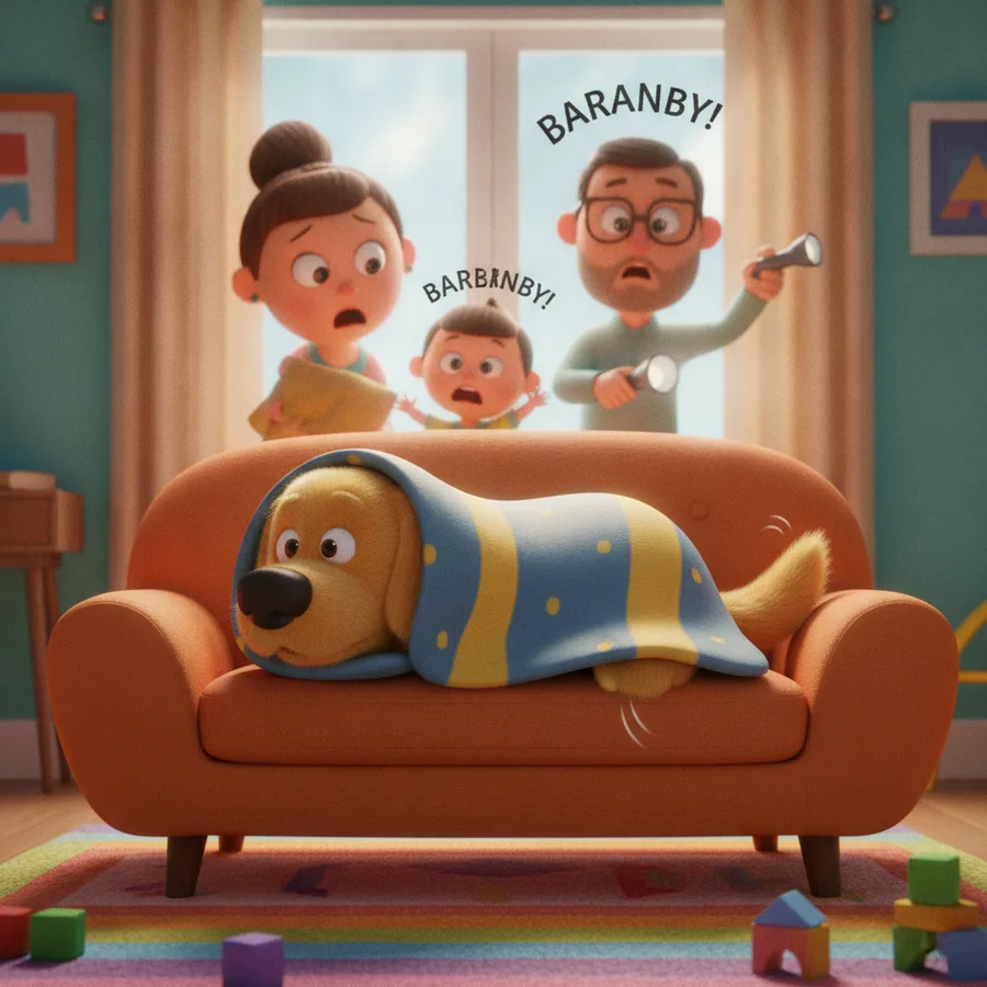 Dieses Ausmalbild zeigt einen golden retriever in einer Decke, mit einem gemütlichen Hintergrund. Die großen Flächen der Couch sind einfach auszumalen, während die Gesichtsausdrücke der Charaktere etwas herausfordernder sein können.
