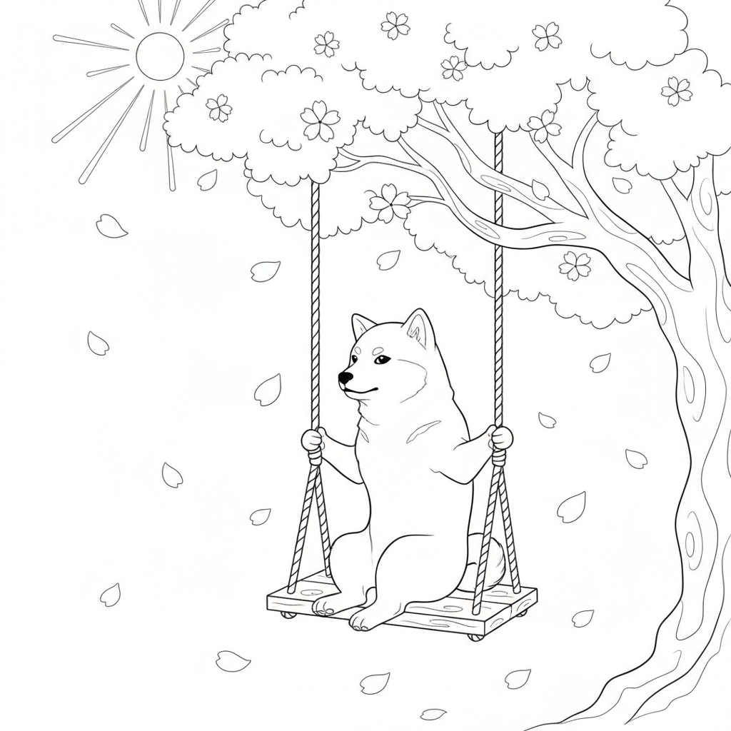Shiba Inu on a Swing Surrounded by Cherry Blossoms — Free Coloring Page for Kids