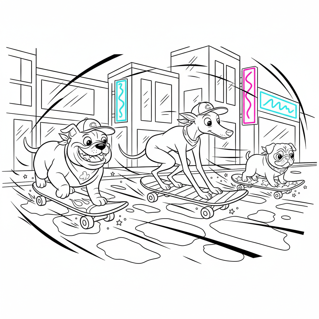 Dog Skate Crew Night — Free Coloring Page for Kids coloring page