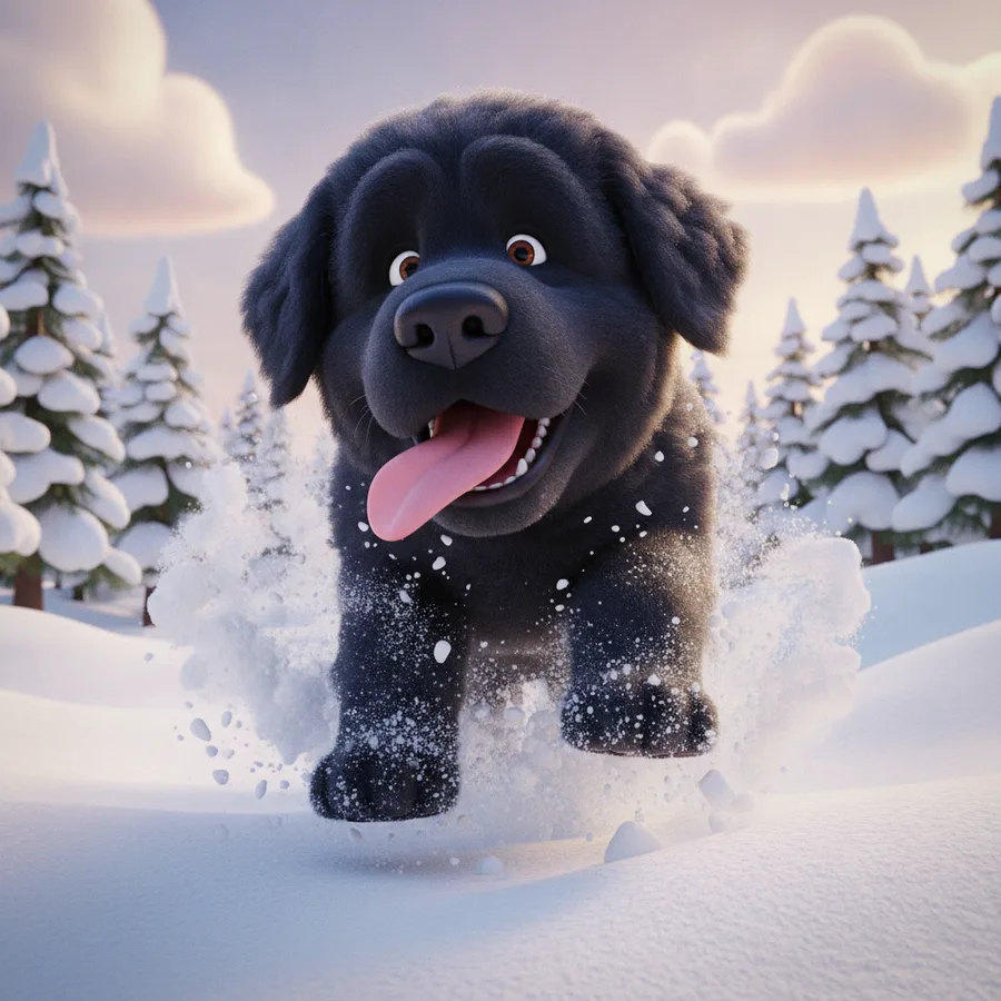 This coloring page features a cheerful Newfoundland dog playfully bounding through the snow. The larger areas of the dog are easy to color, while the intricate tree branches offer a fun challenge.