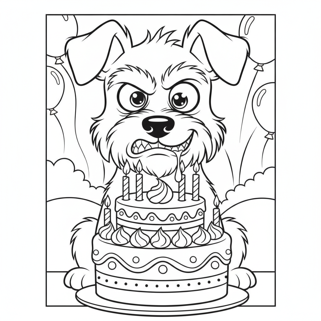Cute Dog with Birthday Cake — Free Coloring Page for Kids