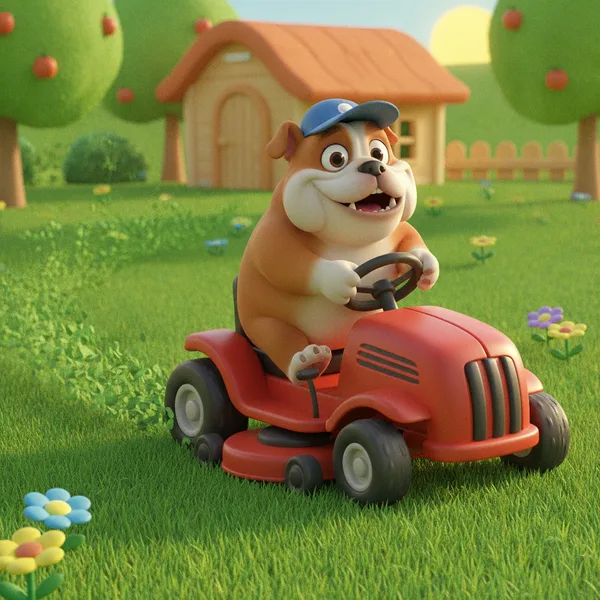 Cheerful Bulldog Driving a Lawn Mower — Free Coloring Page for Kids