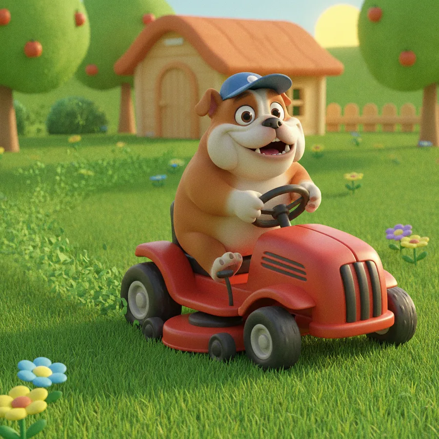 Dieses lustige Ausmalbild zeigt einen fröhlichen Bulldog, der einen Rasenmäher fährt. Die großen Flächen wie der Rasen und die Blumen sind einfach auszumalen, während die Details auf der Mütze des Bulldogs eine kleine Herausforderung bieten.