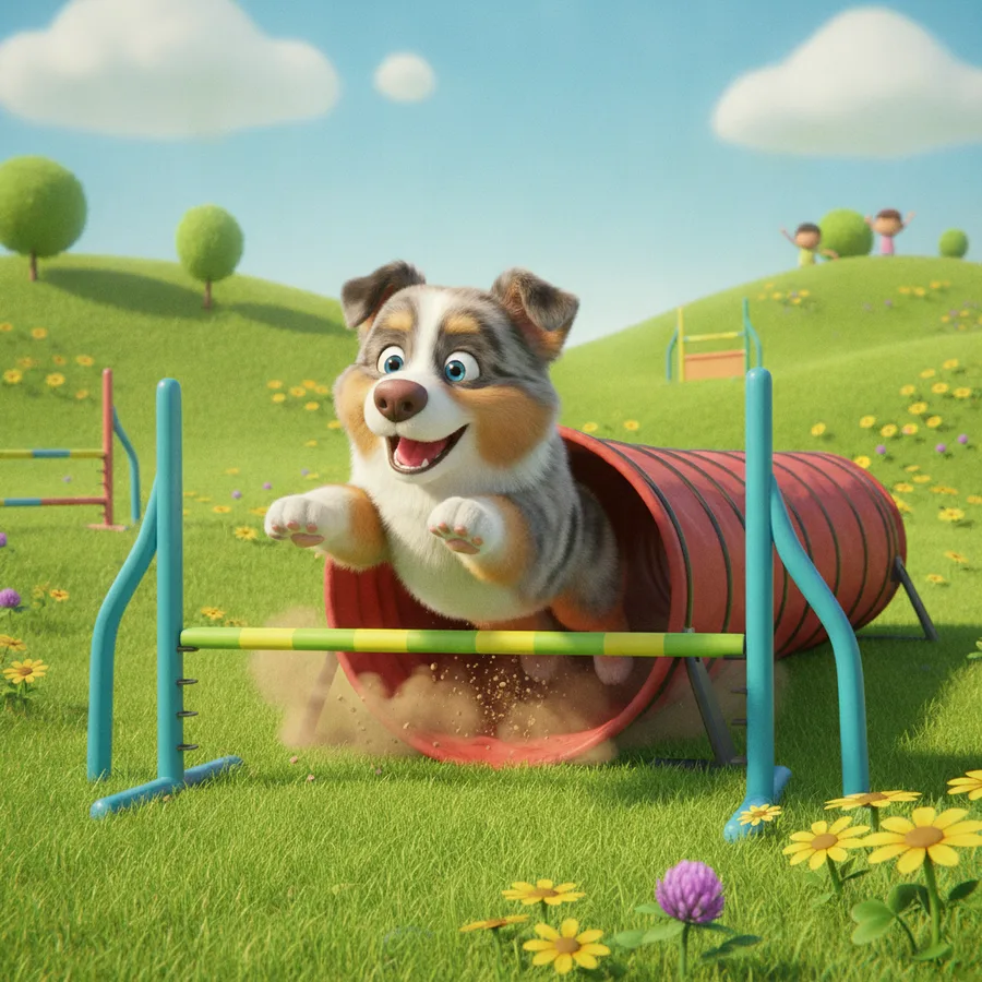 This coloring page features a joyful dog leaping through a vibrant red agility tunnel in a lush field. Kids will find the flowers and tunnel easy to color, while the dog's fluffy coat offers a fun challenge.