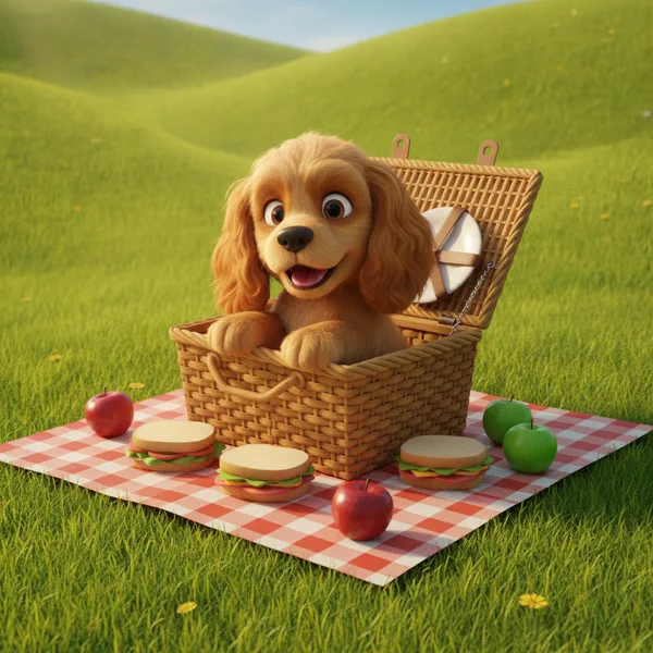 Cheerful Cocker Spaniel Peeking from Picnic Basket — Free Coloring Page for Kids
