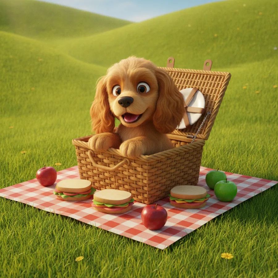 This fun coloring page features a cheerful cocker spaniel peeking from a picnic basket, making it easy to color with big areas. The cartoon food items add a playful touch that kids will love.