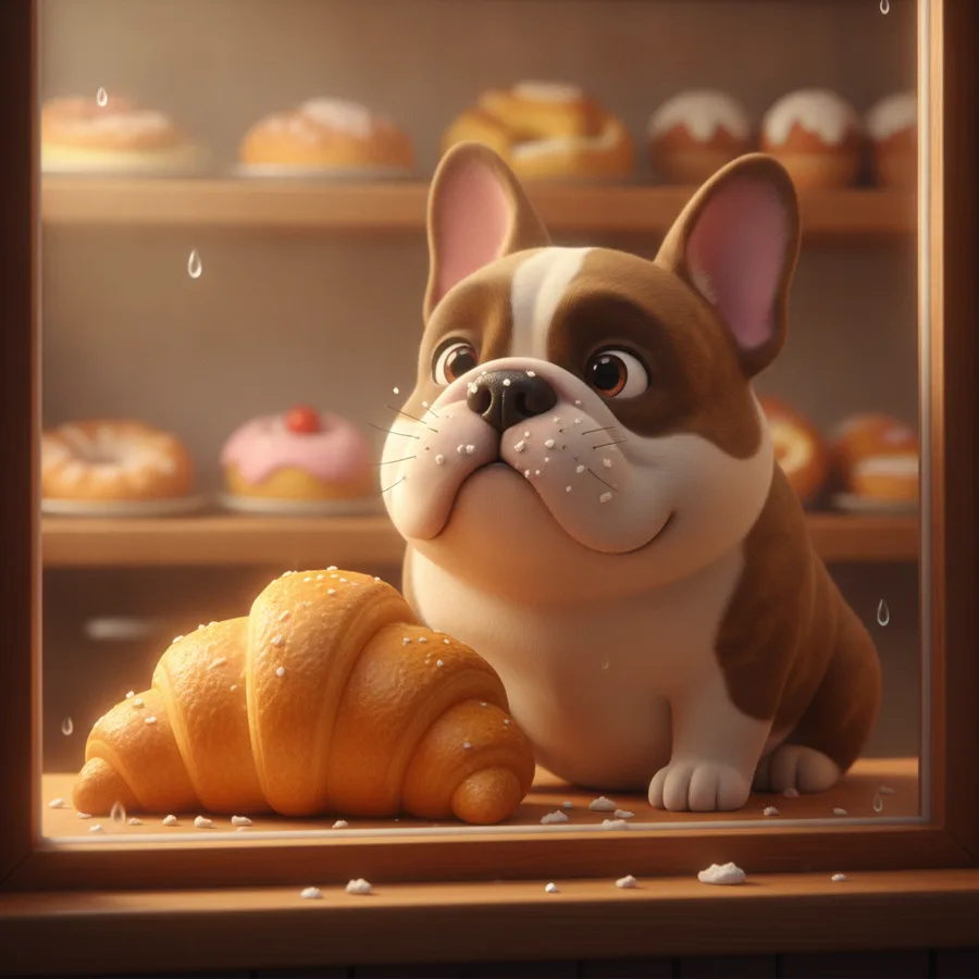 This charming scene features a cute French Bulldog gazing at delicious pastries. The dog's body is easy to color, while the intricate pastries provide a fun challenge.