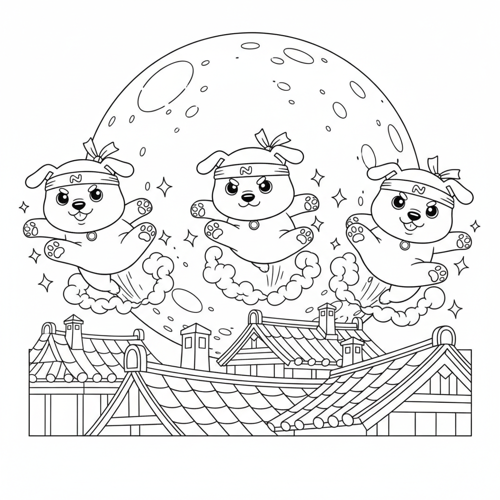 Ninja Animals in the Night Sky — Free Coloring Page for Kids coloring page