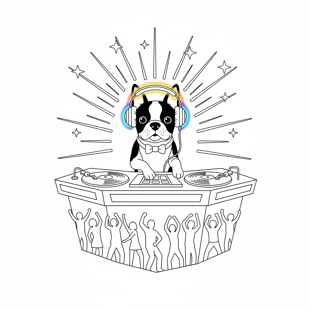 Boston Terrier DJ Party — Free Printable Coloring Page for Kids coloring page