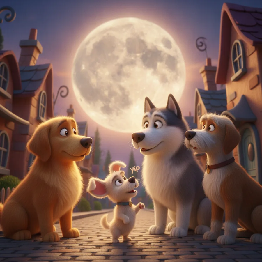 This charming image features a small puppy interacting with a group of friendly dogs. The sky and grass are easy to color, while the details on the dogs add a fun challenge.