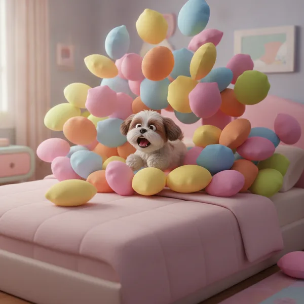 Fluffy Dog Among Colorful Cushions — Free Coloring Page for Kids