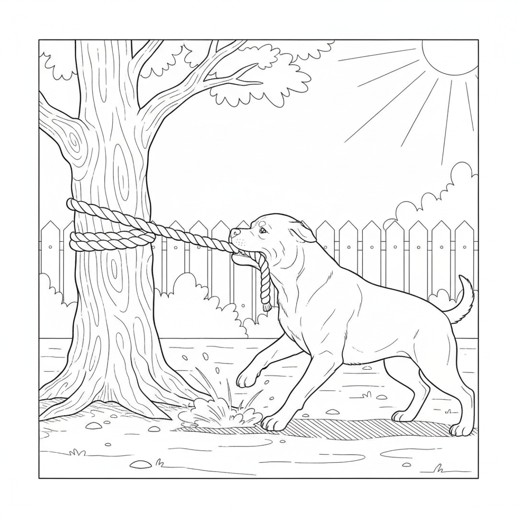 Playful Rottweiler Tugging a Rope — Free Coloring Page for Kids