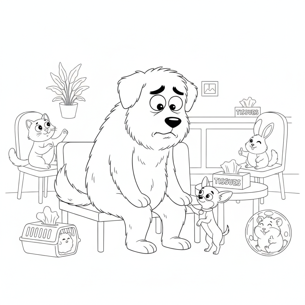 Ein Trauriger Goldener Hund in einem Gemütlichen Raum — Hund Ausmalbild — Kostenlos Ausdrucken