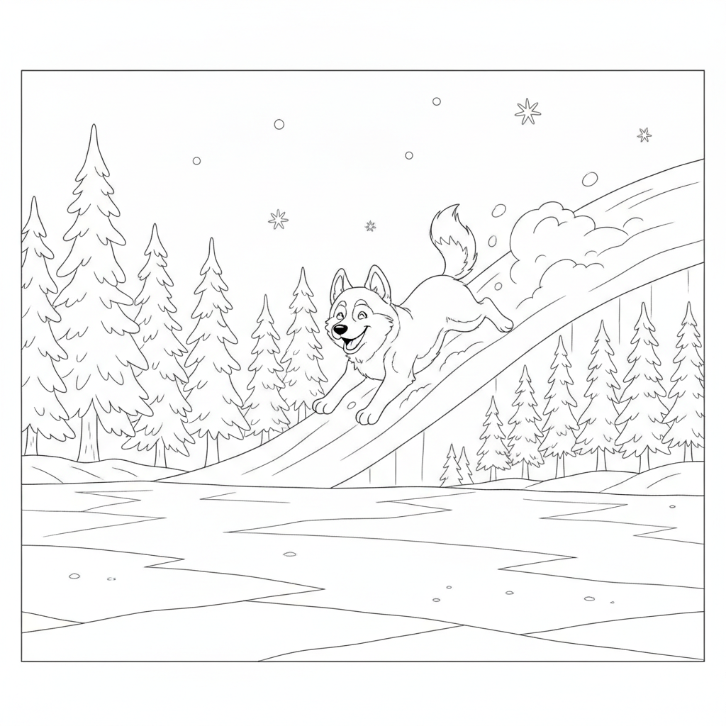 Husky Jouant dans la Neige — Coloriage Chien — Gratuit à Imprimer