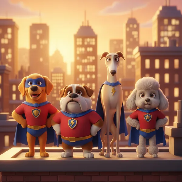Superhero Dogs on a Rooftop — Free Coloring Page for Kids