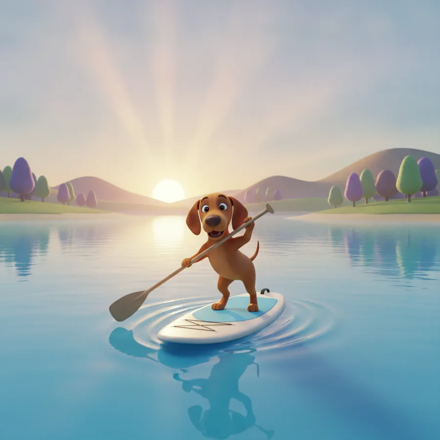 This delightful scene features a cheerful cartoon dog paddling across a serene lake. The dog and paddleboard are easy to color, while the sunrise and hills offer more intricate areas.