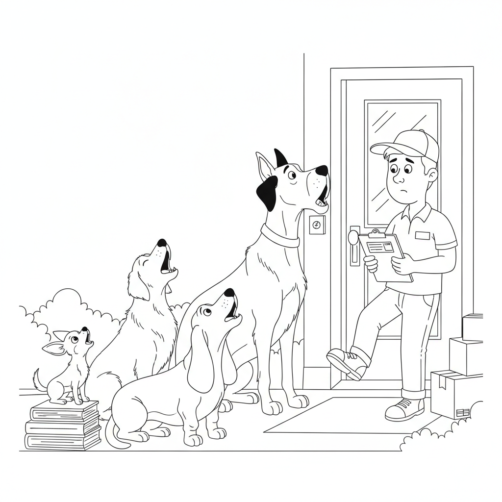 Delivery Person with Excited Dogs — Free Coloring Page for Kids