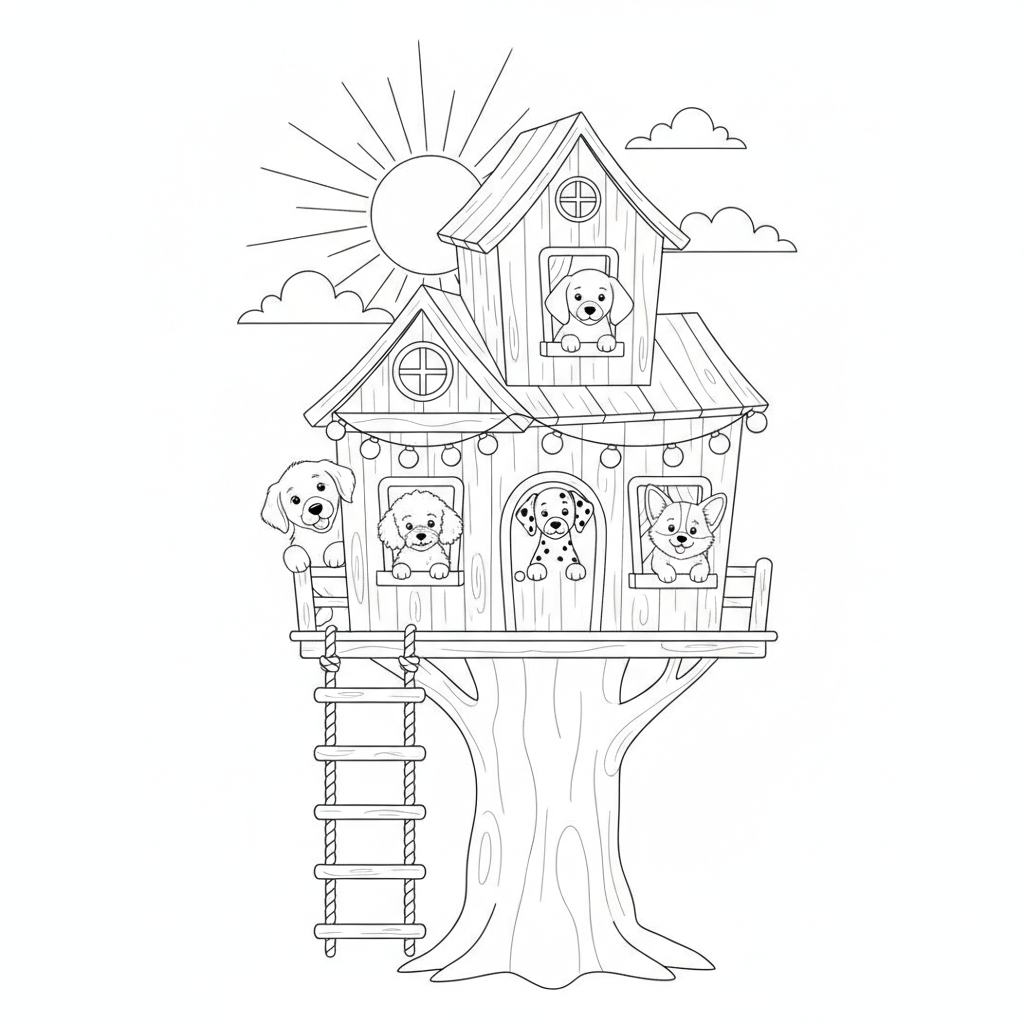 Puppy Treehouse Hideout — Free Printable Coloring Page for Kids coloring page