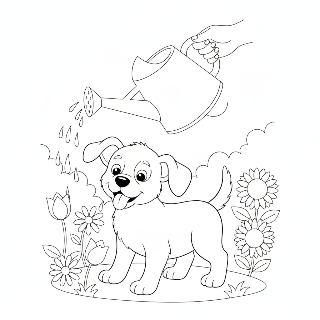 Adorable Chien Doré dans le Jardin — Coloriage Chien — Gratuit à Imprimer
