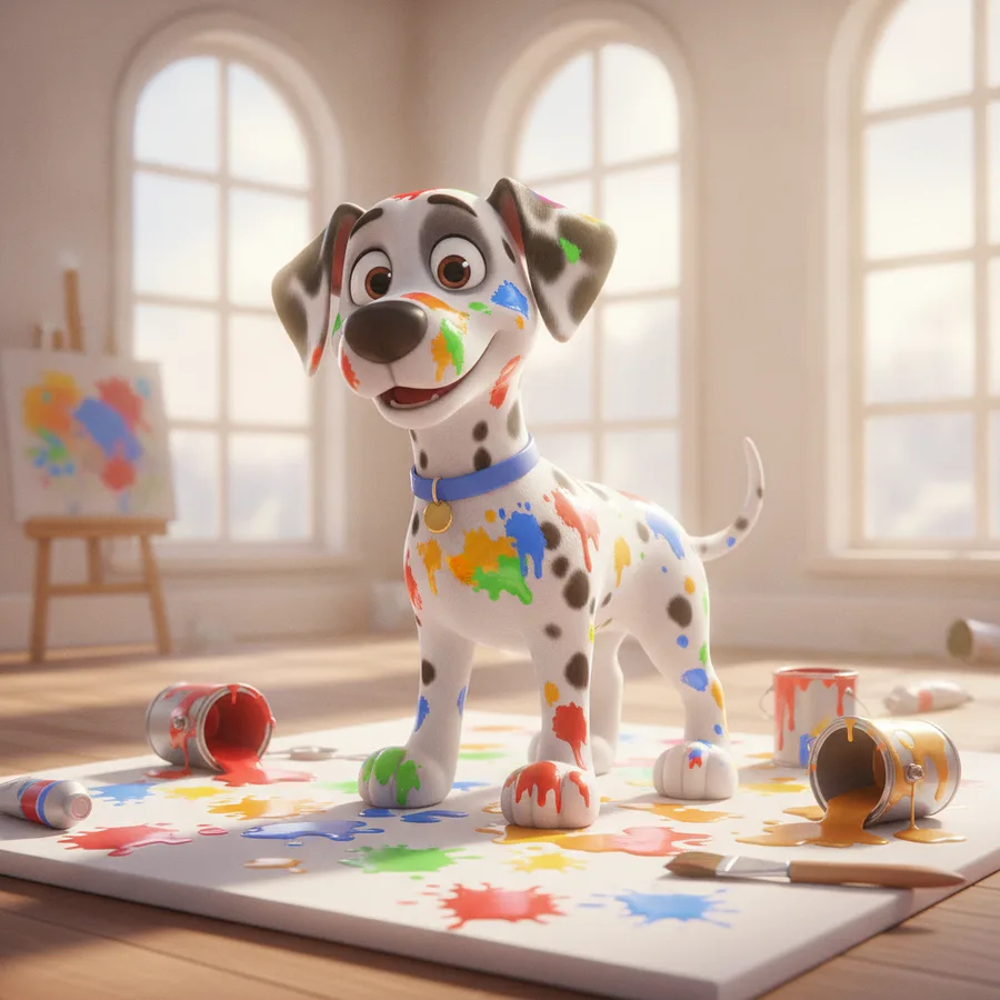 Coloriez ce chiot dalmatien joyeux avec ses éclaboussures de peinture. Les grandes zones sont faciles à colorier, tandis que les détails de l'atelier offrent un défi intéressant.