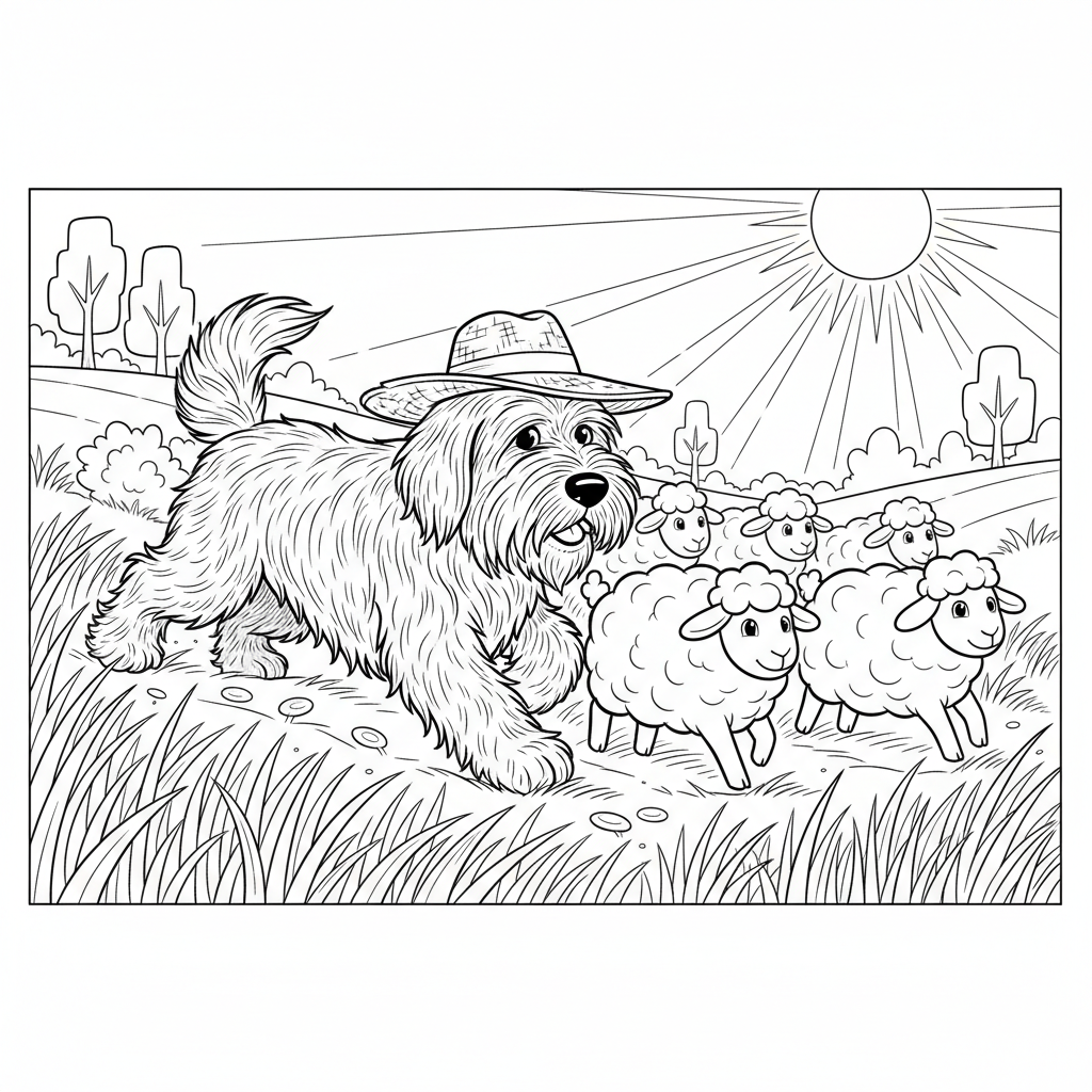 Joyful Dog in a Meadow — Free Coloring Page for Kids coloring page