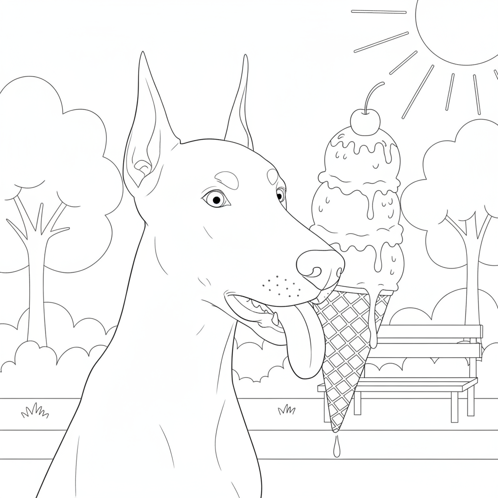 Happy Doberman with Ice Cream Cone — Free Coloring Page for Kids