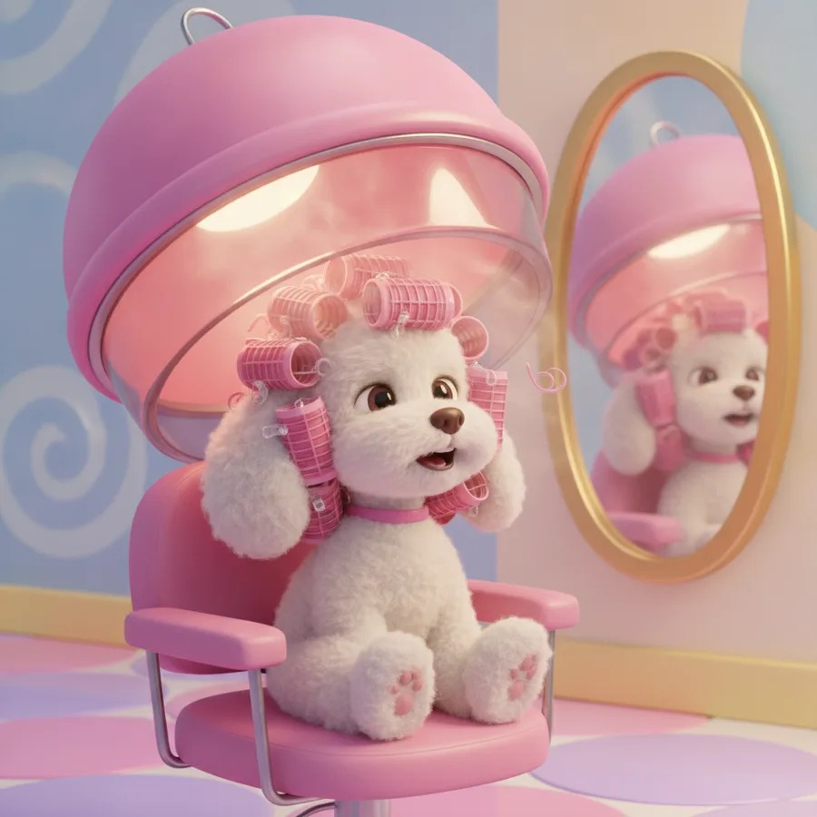 Dieses Ausmalbild zeigt einen flauschigen Hund in einem rosa Salonstuhl und bietet sowohl einfache als auch herausfordernde Bereiche zum Ausmalen. Es macht Spaß, die Details des Hundes und des Salons auszumalen!