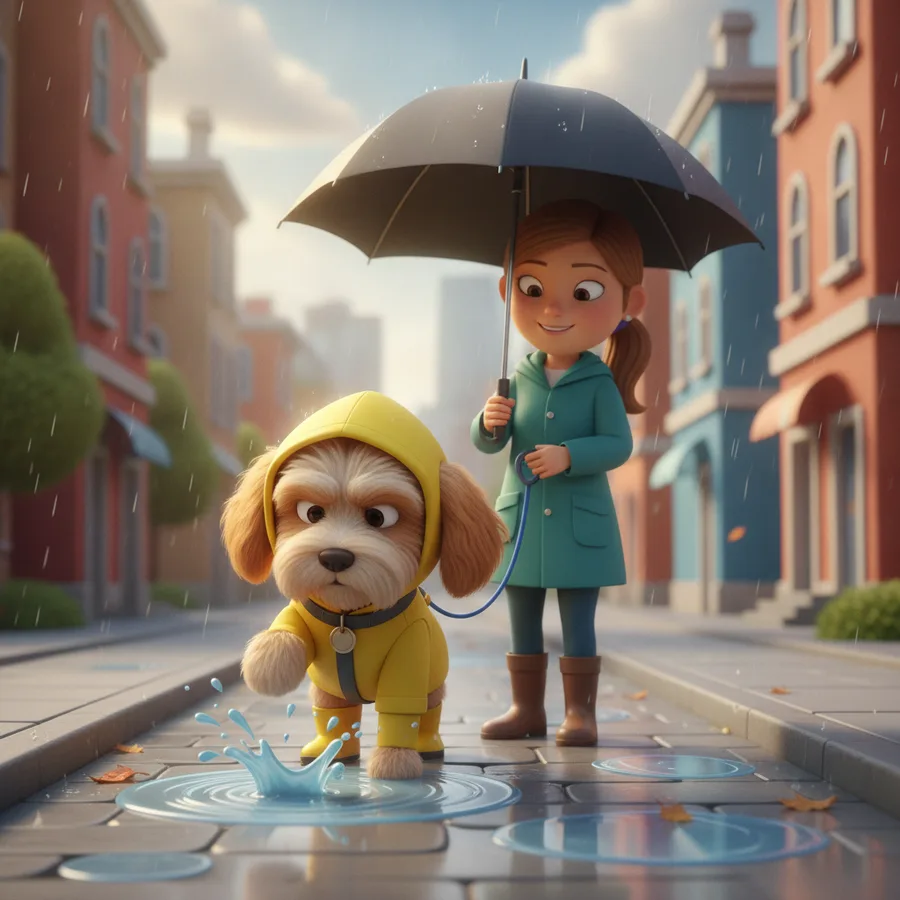 Color in a cheerful girl holding an umbrella and her playful dog splashing in a puddle. The buildings and rain make it a fun scene, with easy areas like the umbrella and dog coat, while the details in the background offer a bit more challenge.