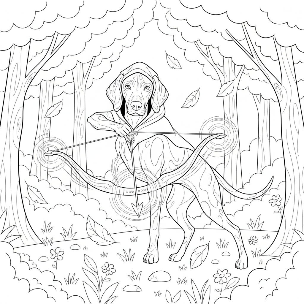 Vizsla Archer in the Forest — Free Coloring Page for Kids coloring page