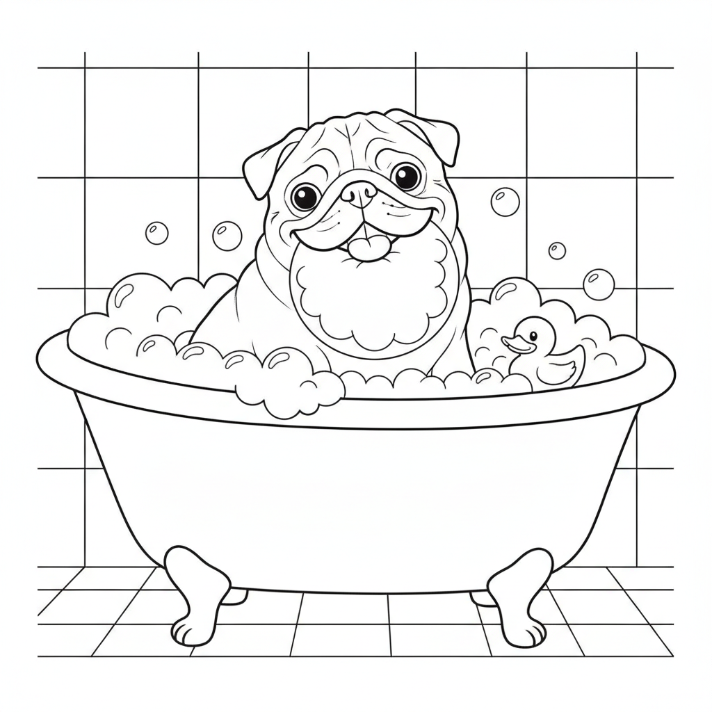 Pug Fofo em uma Banheira com Bolhas — Desenho de Cão para Colorir — Grátis
