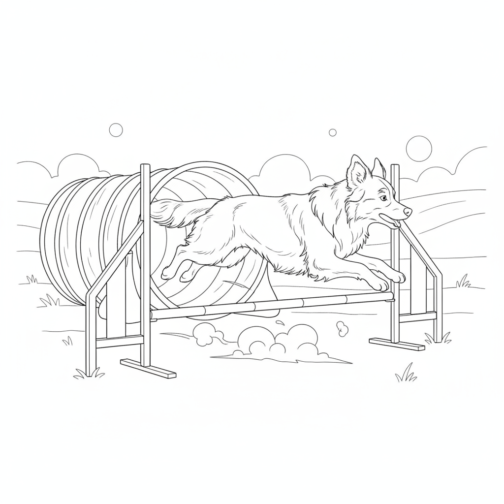 Cheerful Dog Leaping Through Agility Tunnel — Free Coloring Page for Kids