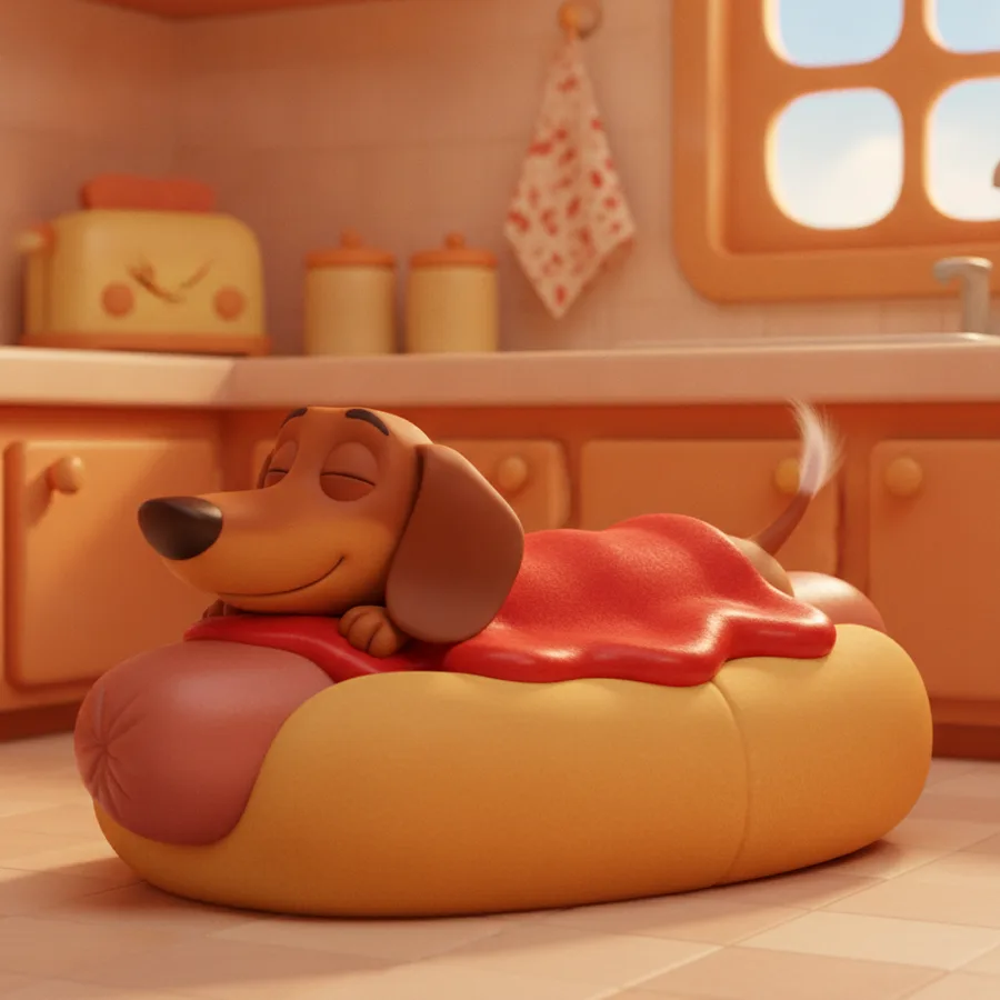 Dieses Ausmalbild zeigt einen süßen Dackel, der auf einem hot-dog-förmigen Bett schläft, mit einfachen Bereichen wie dem Hund und dem Bett. Der Küchenhintergrund stellt eine spaßige Herausforderung dar.