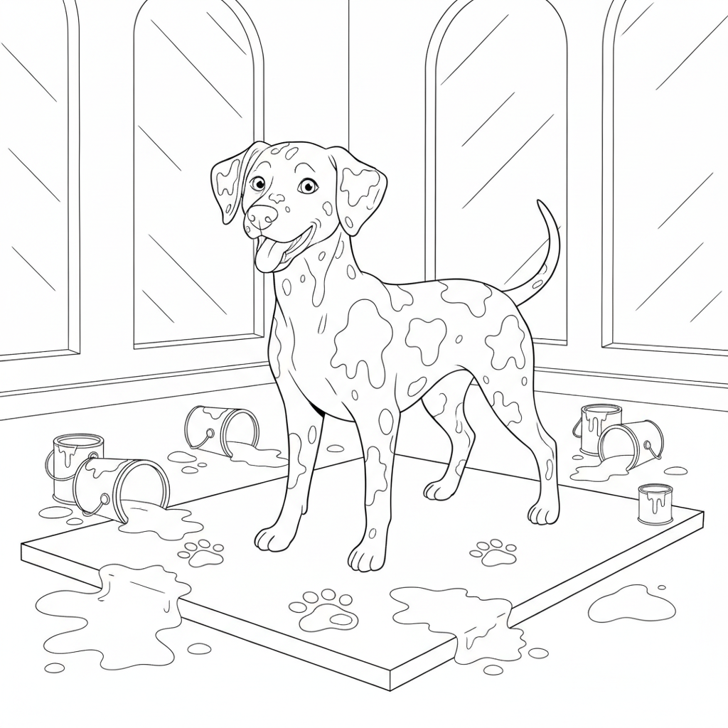 Chiot Dalmatien Amusant dans un Atelier Coloré — Coloriage Chiens Gratuit à Imprimer