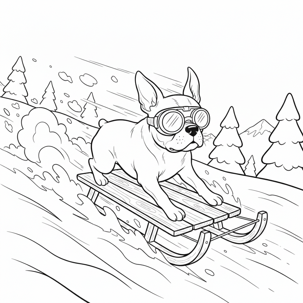Playful Boston Terrier on a Sled — Free Coloring Page for Kids