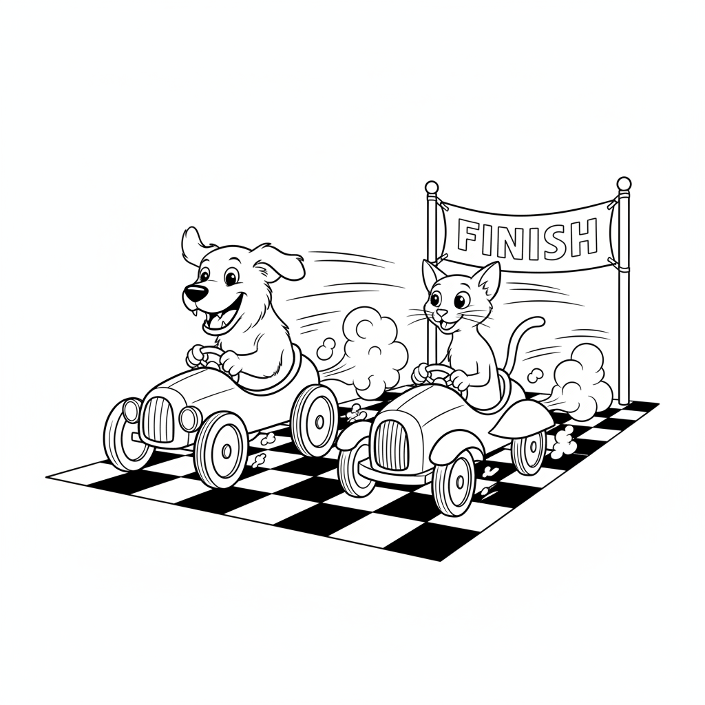Dog vs Cat Pedal Race — Free Coloring Page for Kids coloring page