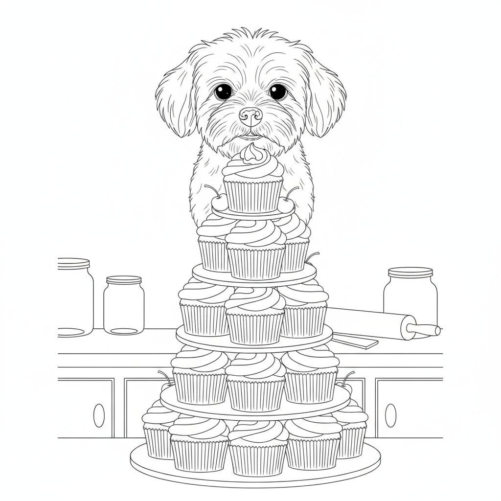 Fluffy White Puppy on Cupcake Tower — Free Coloring Page for Kids