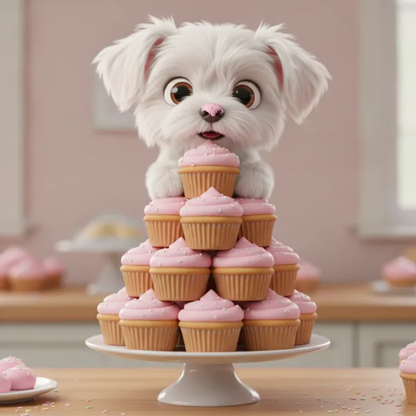 Fluffy White Puppy on Cupcake Tower — Free Coloring Page for Kids