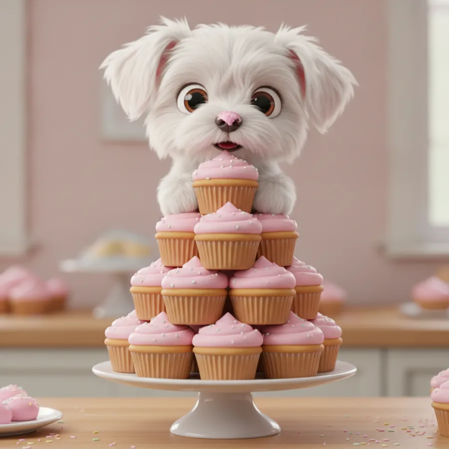 This coloring page features a fluffy white puppy on a tower of cupcakes, with large eyes that invite creativity. Easy areas include the cupcakes, while the puppy's fur offers a fun challenge.